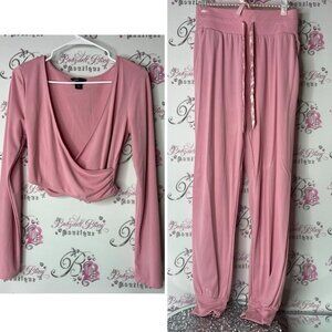 Victoria’s Secret Baby Pink Ribbed Lounge Tracksuit Set Wrap Crop Top Joggers